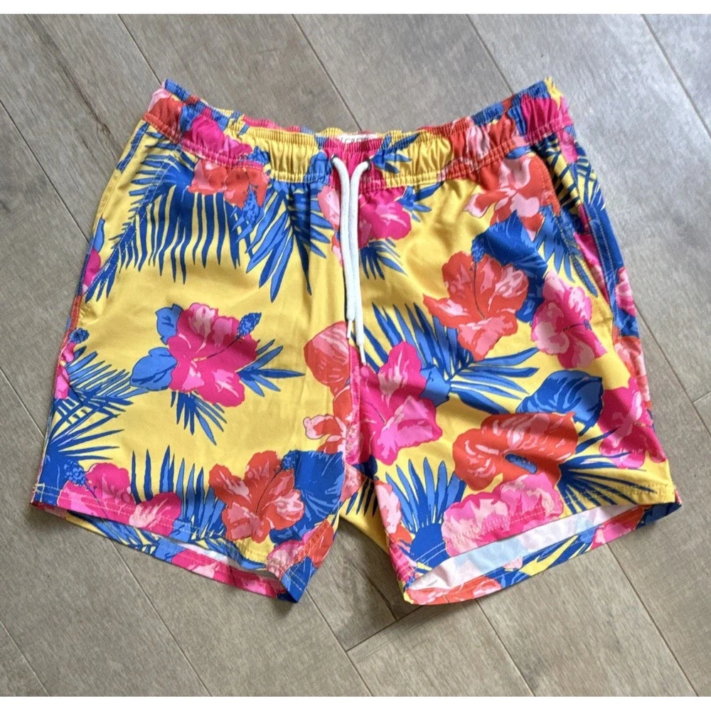 J.CREW Mens Floral Swim Trunks Flex Yellow Pink Blue Drawstring Beach Shorts M